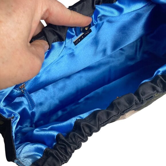 Adrienne Vittadini Embroidered Bag Black Satin Floral Pattern Boho Hobo New - Picture 11 of 14